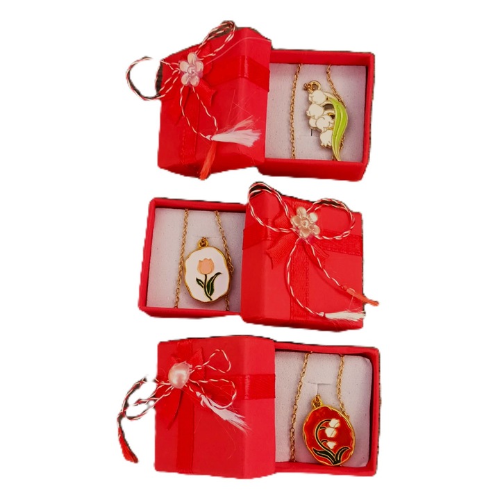 Set 3 martisoare in cutiuta cu fundita, lantic otel inoxidabil ajustabil si pandantiv metalic cu floricica, 4 cmx3