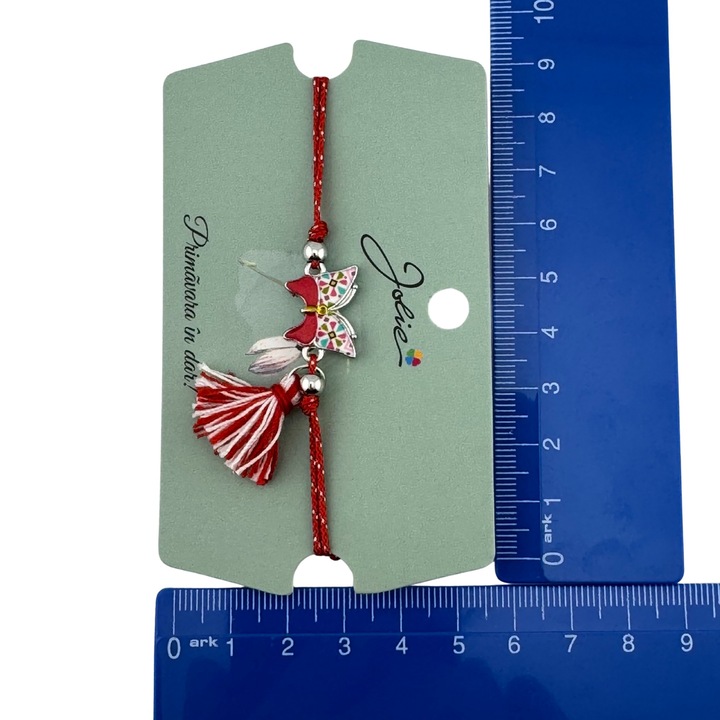 Martisor Bratara Ciucure, Jolie, Snur Rosu Reglabil, cu Pandantiv, Model Fluture