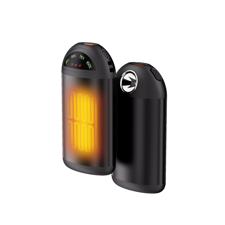 Hordozható testmelegítő, 5000mAh, fekete, 99x50x28mm, szett mellékelve.