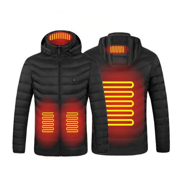 Unisex fűthető kapucnis pulóver, többzónás, könnyű, fekete, M méret