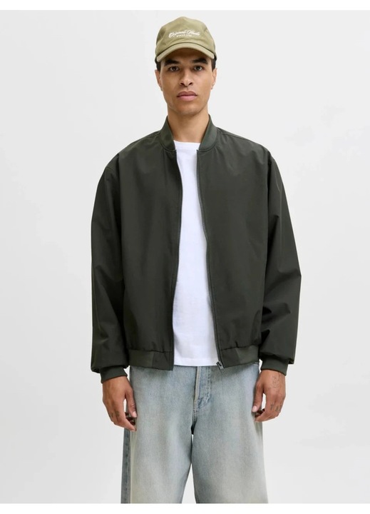 Jack & Jones, Jacheta bomber, barbati, cu buzunare oblice fara fermoar, Verde inchis