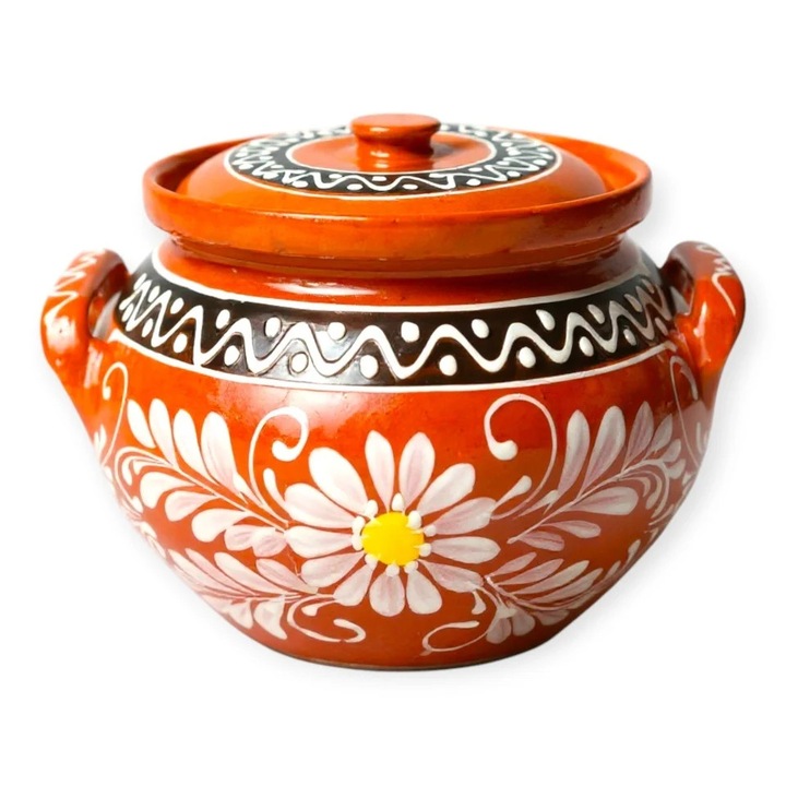 Oala de lut 3 litri cu capac, ceramica naturala pictata manual, pentru sarmale si preparate la cuptor, maro
