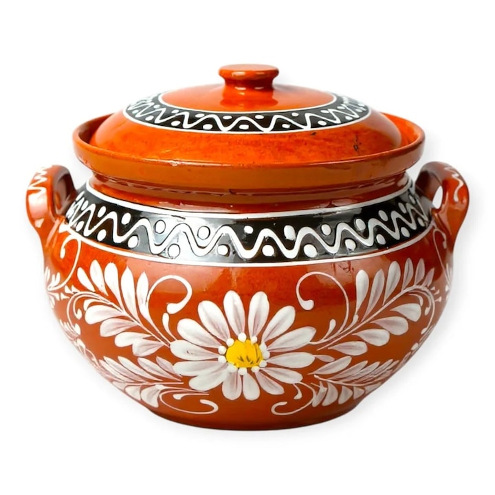Oala de lut 5 litri pentru sarmale, ceramica traditionala pictata manual, cu capac, pentru cuptor si gatit lent – Cook Green
