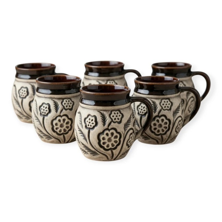 Set 6 cani din ceramica traditionala, model floral gri, glazurate, 8 cm, pentru ceai, apa sau vin