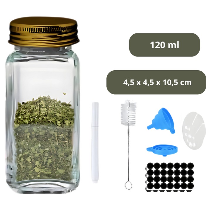 Set 24 borcane pentru condimente, luka, 120ml, transparent, capac negru/oro