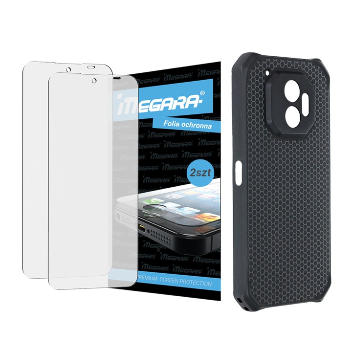 Set 2x folie de protectie si etui siliconic TPU pentru smartphone Megara, protectie 360, transparent, 6.1"