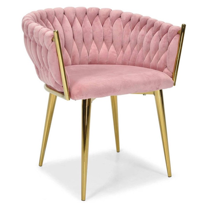 Кадифен стол в розов цвят, златисти лампи, размери 74x66x63см