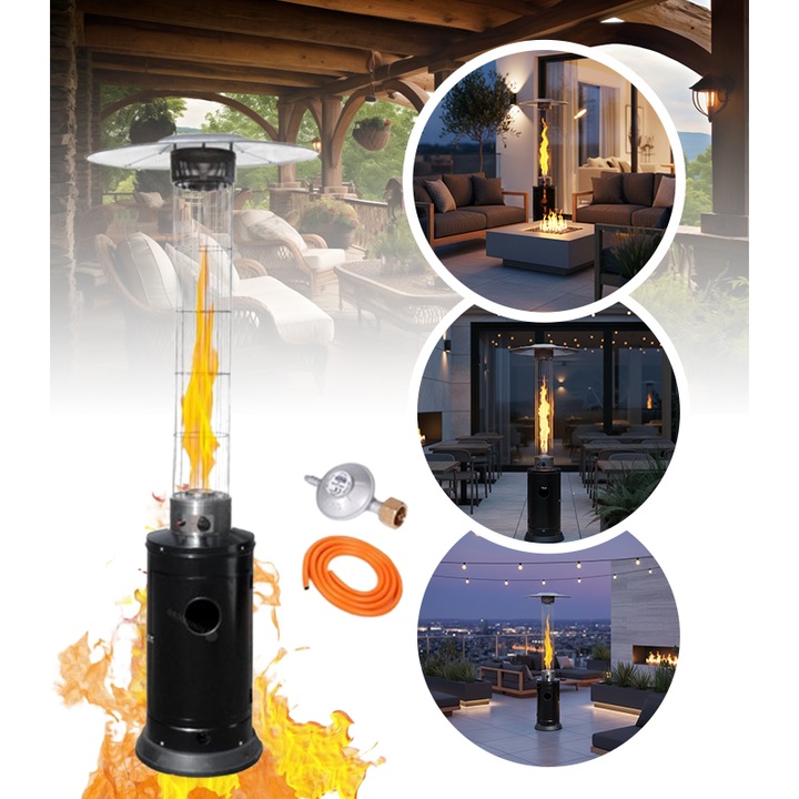 Incalzitor de terasa gazos inalt, Luka, 5000-12500 W, cu flacara vizibila, protectie din sticla, set complet