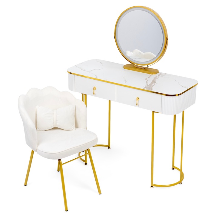 Toaleta cosmetica cu oglinda LED, 100x40cm, alb cu detalii aurii, set cu scaun
