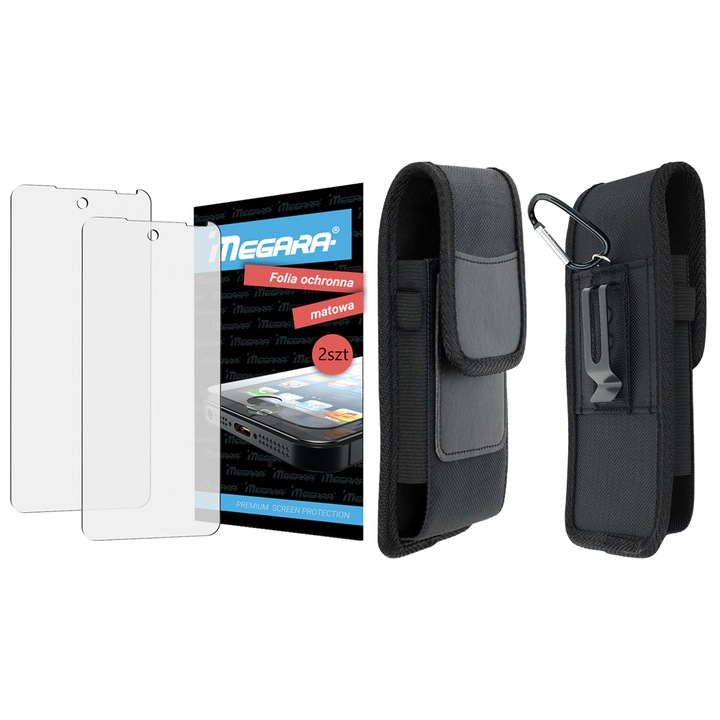 Set de protectie 3 in 1, Megara, husa din nylon si piele sintetica, 2 folii mate, negru, 17.5x10x2.5cm