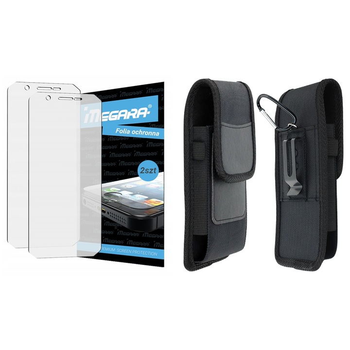 Set de protectie 3 in 1, Megara, husa din nylon si piele sintetica, 2 folii de protectie, negru, 17.5x10x2.5cm