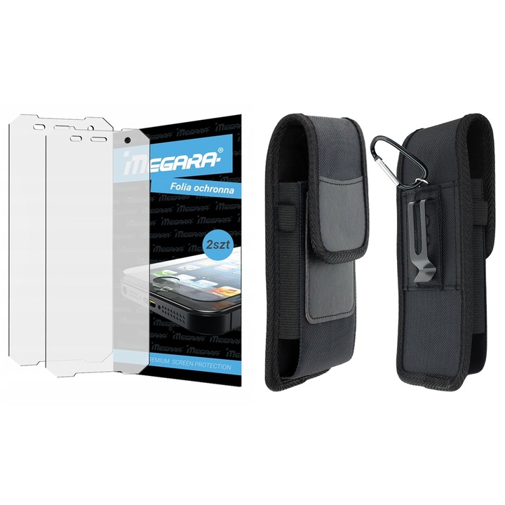 Set de protectie 3 in 1, Megara, PENTRU HAMMER EXPLORER, husa de curea din nylon si piele sintetica, 2 folii de protectie, negru, 17.5x10x2.5cm