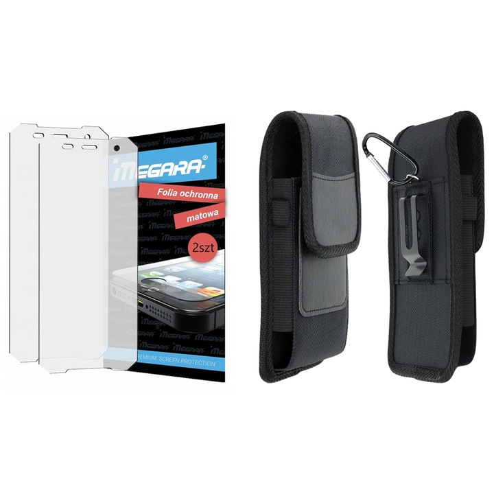 Set de protectie 3w1, Megara, husa din nylon si piele sintetica, 2 folii mata, negru, 17.5x10x2.5cm