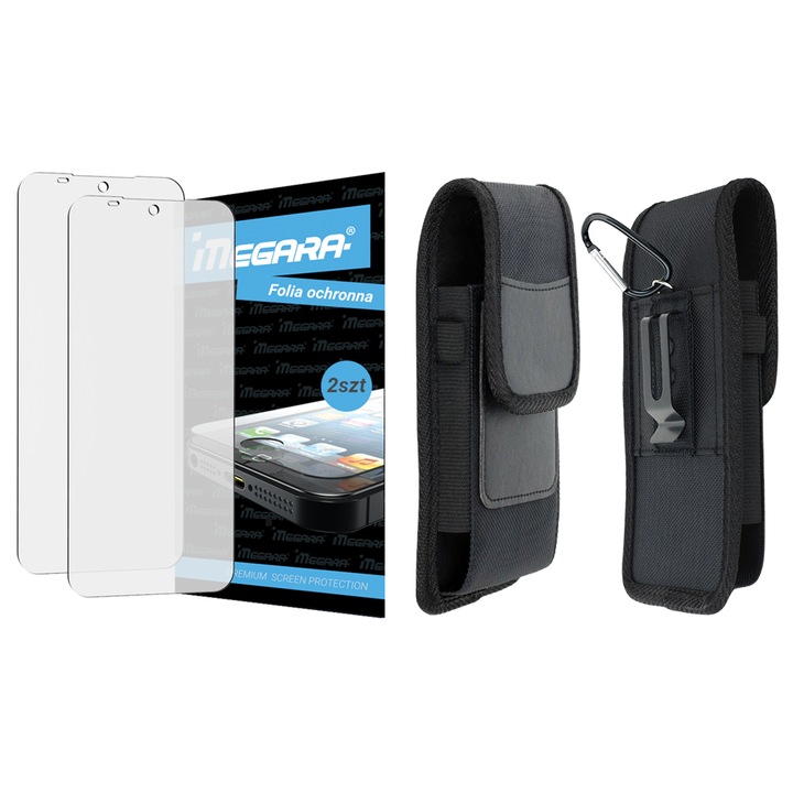 Set de protectie 3 in 1, Megara, PENTRU HAMMER IRON V, husa din nylon si piele sintetica, 2 folii de protectie, negru, 17.5x10x2.5cm