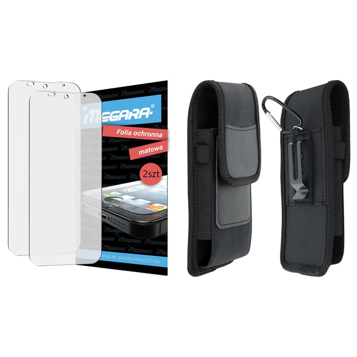 Set de protectie 3w1, Megara, husa din nylon si piele sintetica, 2 folii mata, negru, 17.5x10x2.5cm