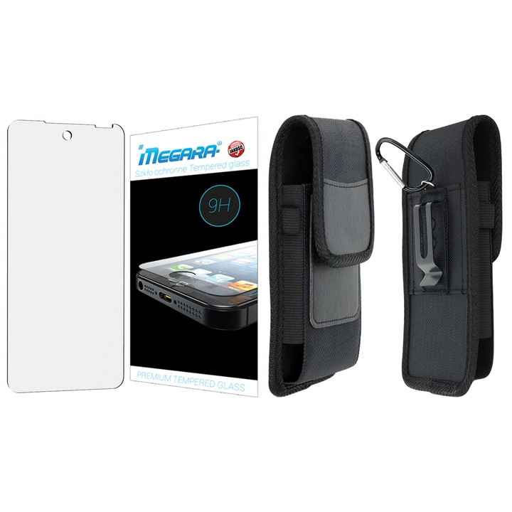 Set de protectie 2in1 - husa pentru curea din nylon si piele sintetica + sticla securizata pentru telefon, negru, 17.5x10x2.5cm