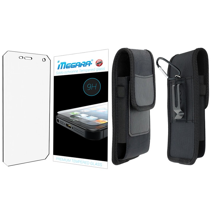 Set de protectie 2in1 - husa pentru curea din nylon si piele sintetica + sticla securizata pentru telefon, negru, 17.5x10x2.5cm