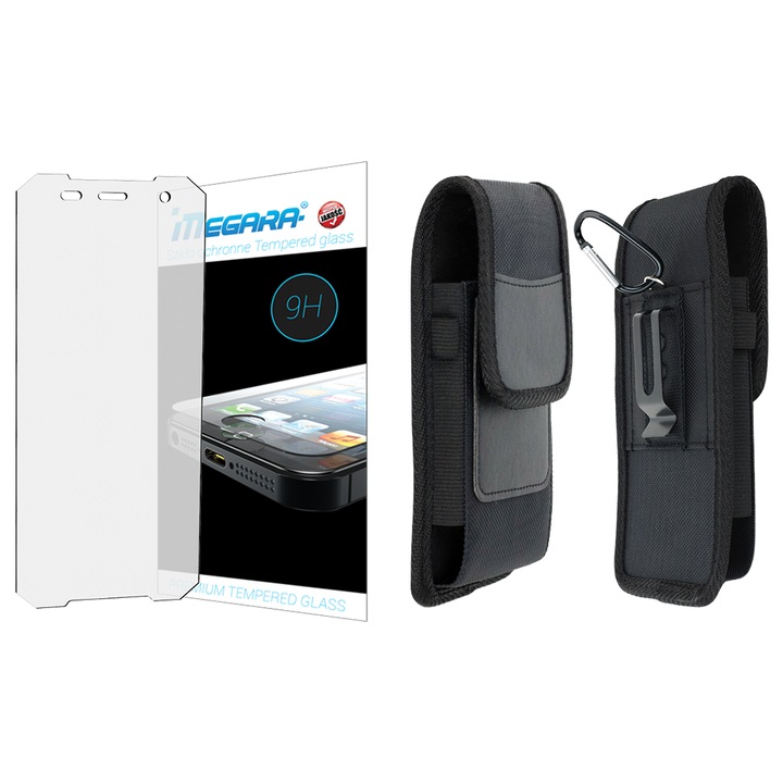 Set de protectie 2in1, Megara, husa din nylon si piele sintetica, sticla securizata, negru, 17.5x10x2.5cm