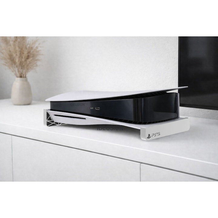 Suport Orizontal pentru PS5 disk cu logo, alb -se potriveste PS5 Standard (lansat 2020) cu dim 39 cm x26 cm adancime