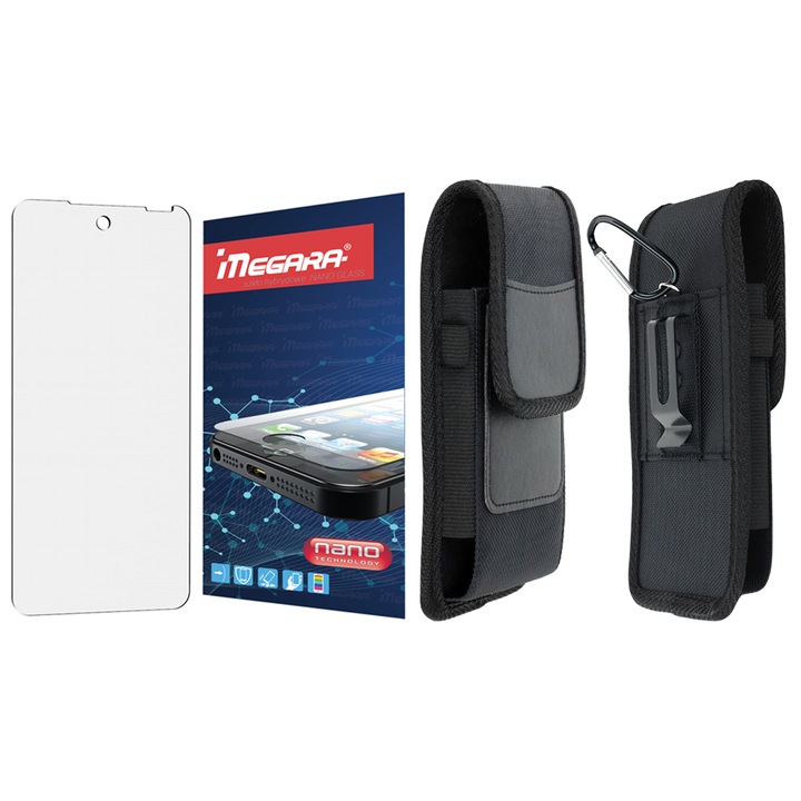 Set de protectie 2in1, Megara, PENTRU HAMMER BLADE 4, husa din nylon si piele sintetica, sticla hibrida, negru, 17.5x10x2.5cm