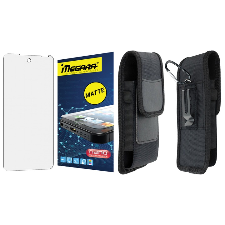 Set de protectie 2in1 - husa pe curea din nylon si piele sintetica, PENTRU HAMMER BLADE 4, sticla hibrida mata, negru, 17.5x10x2.5cm