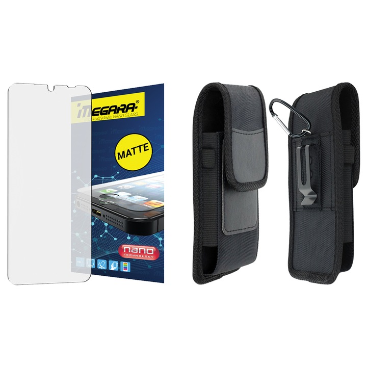 Set de protectie 2in1, Megara, husa din nylon si piele sintetica, sticla hibrida mata, negru, 17.5x10x2.5cm