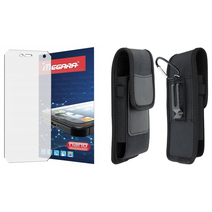 Set de protectie 2in1, Megara, husa din nylon si piele sintetica, PENTRU HAMMER ENERGY, sticla hibrida, negru, 17.5x10x2.5cm