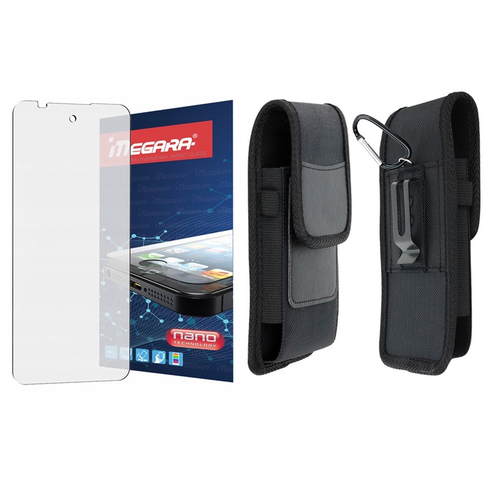 Set de protectie 2in1 - husa pentru telefon Megara, nylon si piele sintetica, hibrid, negru, 17.5x10x2.5cm