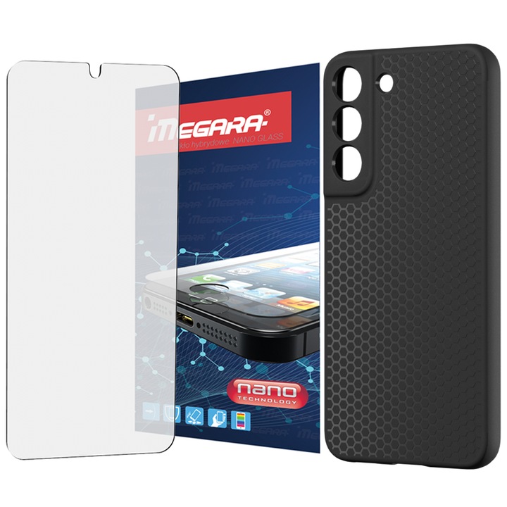 Set protectie 2 in 1, Megara, sticla hibrida Nano Glass, etui TPU, transparent, negru
