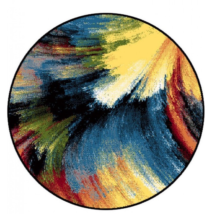 Covor Rotund Camera Copii Model Brush 11017-180, Marime 100 x 100 cm, Multicolor, Inaltime Fir 9 mm, Antialergic, Polipropilena, Gradinita, Cresa, Loc de Joaca 100 x 100