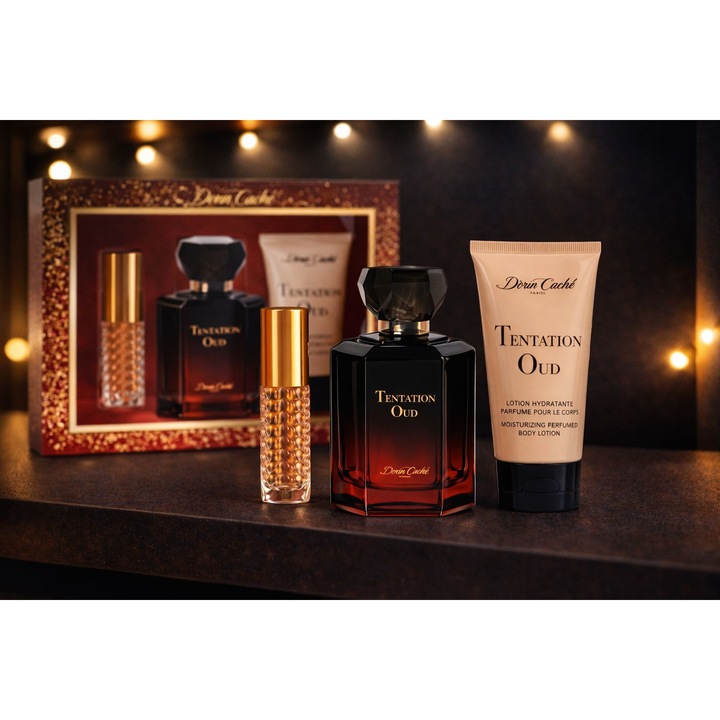 Set Dorin Caché Tentation Oud, parfum intens cu oud, mini spray si lotiune pentru o experienta completa