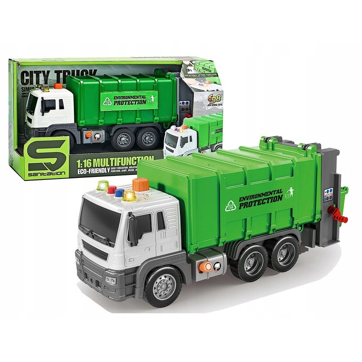 Camion de gunoi interactiv cu sunete si lumini, LEANToys, 28x12x14cm, verde