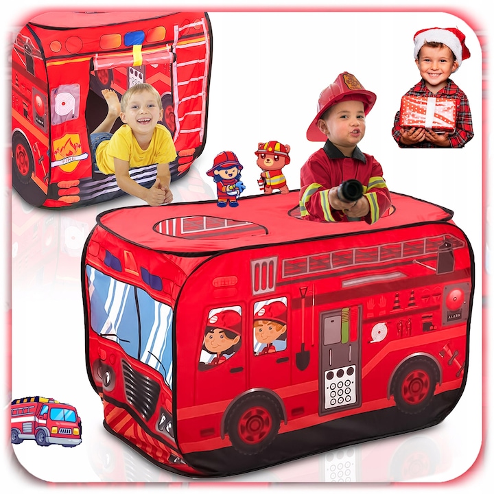 Cort de Joaca, Bedee, Pop UP, Poliester, Tema Camion de Pompieri, Pliabil, Sigur si Rezistent, Interior/Exterior, cu Usa si Ferestre, Poliester, cu Etui, Cadoul Perfect pentru Copii, 112x71x71cm, Rosu