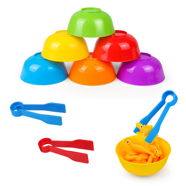 Set educativ de sortare si numarare Norkbeng, 6 boluri de sortare, 2 pensete, material BPA-free, pentru 3+ ani