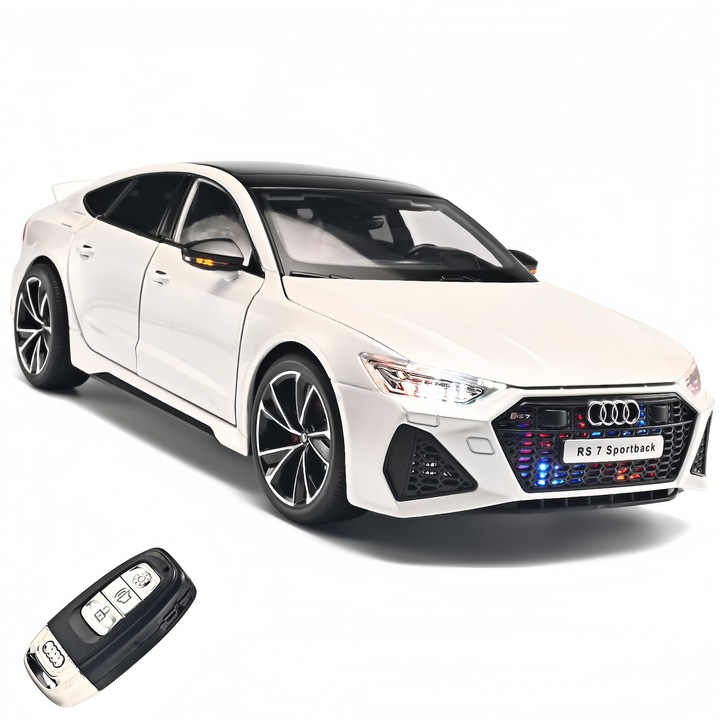 Automacheta, Masina metalica Audi RS7, model 1:18, aliaj de zinc， masina metalica cu cheie telecomanda, sistem de directie functional, bord iluminat, suspensii, scaune mobile, lumini & sunete, ideala pentru colectionari si copii 4-12 ani，7x11.7x7.5cm, Alb