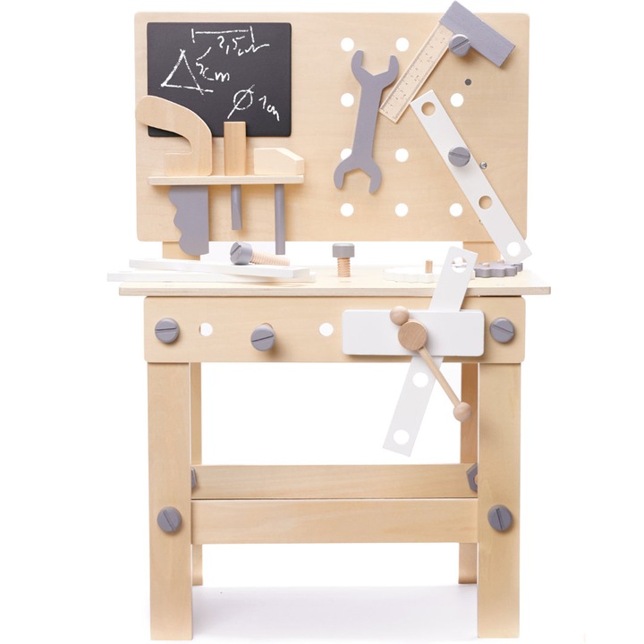 Banc de lucru copii din lemn cu unelte incluse, masa 45x26x67 cm, set DIY pentru micul mester