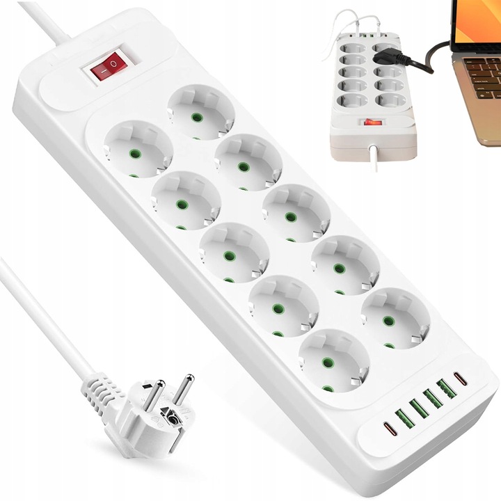 Bloc Mutipriza cu Prelungitor, Bedee®, Prelungitor 2500W,220V,16-IN-1, cu 10 prize, 4 USB, 2 Type-C, Incarcarii Telefoanelor Mobile, Tablete si Aparate Electrice Mici, cablu 2m, buton OnOff, protectie suprasarcina, 32x10.5x3.9cm, Alb