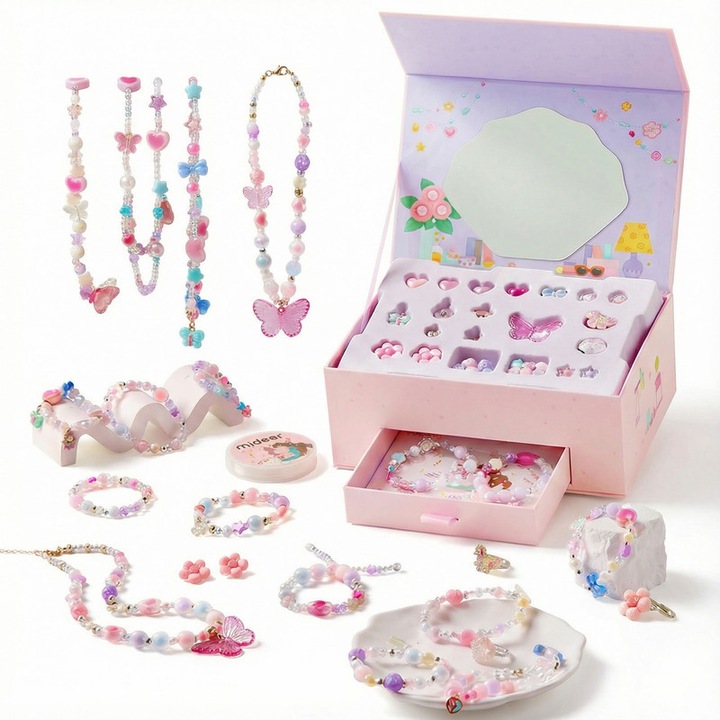 Set creativ cutie bijuterii copii, oglinda, sertare, multicolor, 21.5x15.7x9.2cm