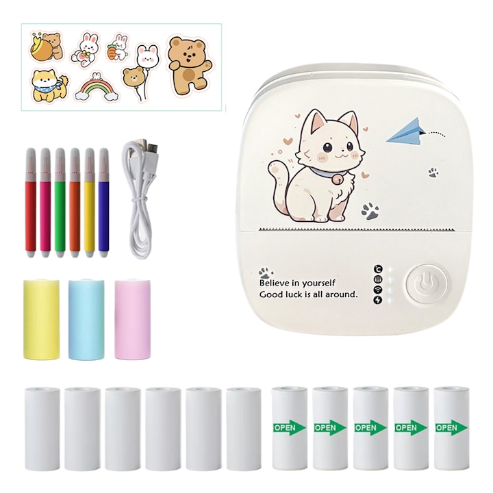 Imprimanta mini de autocolante, COBIREY, Imprimanta Portabila Bluetooth fara Cerneala Termica pentru Autocolante cu 11 Role de Hartie, Potrivita pentru DIY, Jurnale, Fotografii, Notite de Studiu, Alb