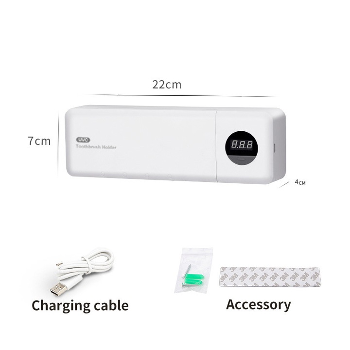 Suport pentru perii de dinti, COBIREY, Curatare cu lumina UV, Uscare cu aer, Curatare inteligenta, Functie timer, 2000mAh reincarcabil fara fir, 4 locuri, Montare pe perete fara gaurire, Alb