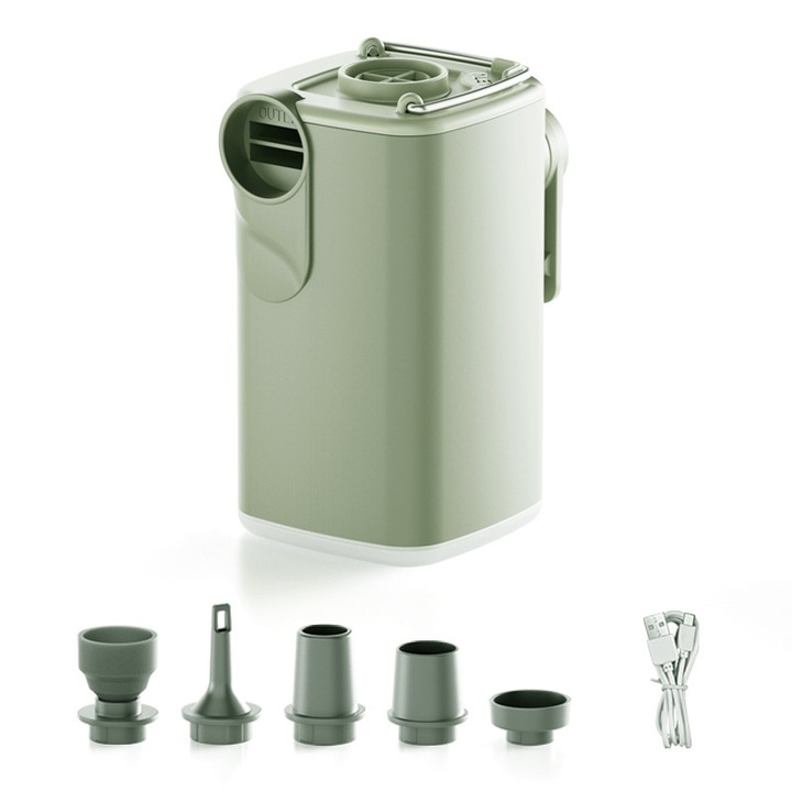 Pompa de aer portabila pentru camping pentru obiecte gonflabile, COBIREY, 4.8Kpa, reincarcabila, 1300mAh cu lumina SOS, 5 duze, tip-C, sac impermeabil, verde ceata