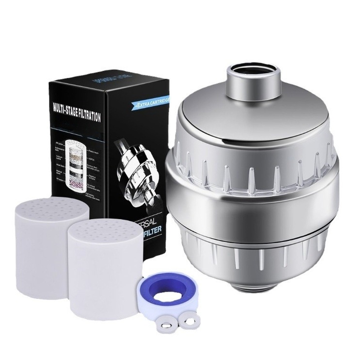 Филтър за душ COBIREY, 36 степени, за твърда вода, премахва хлора, флуора и тежките метали, подобрява състоянието на кожата и косата, Сребрист