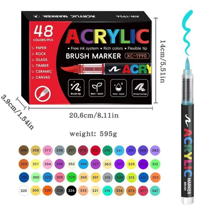 Markere acrilice cu varf moale, lichid direct, pixuri de desen fara presiune, permit stratificarea si culori opace, 48 de culori disponibile