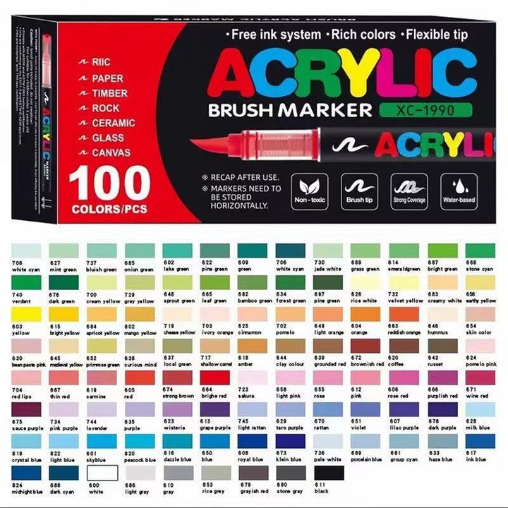 Markere acrilice cu varf moale, lichid direct, pensule de desen fara presiune, permit stratificarea si culori opace, 100 de culori disponibile