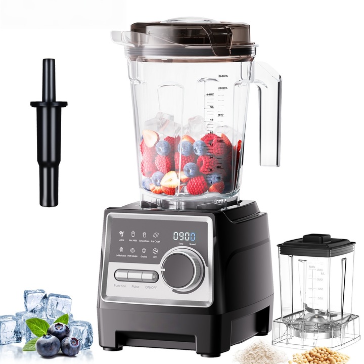 Мултифункционален пасатор, 1500 W, 2,6 литра, с мелеща купа, LED дисплей, 7 програми, 28 000 об/мин, подходящ за плодове, зеленчуци и бебешка храна, лесен за почистване, 200 x 220 x 430 мм, черен