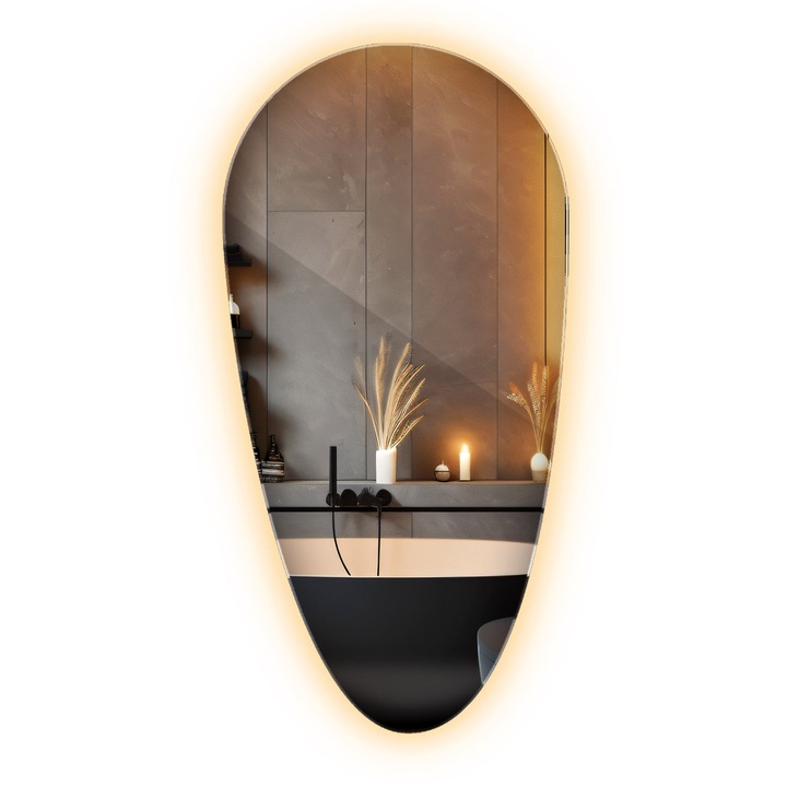 Csepp Alakú LED-es Tükör, Decormat, 35 x 70 cm, Meleg (3000K), Keret Nélküli Design, Modern Megjelenés És Egyszerű Felszerelés, 010390550250600000000