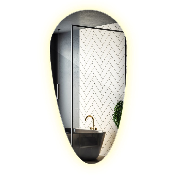 Csepp Alakú LED-es Tükör, Decormat, 35 x 70 cm, Semleges (4000K), Keret Nélküli Design, Modern Megjelenés És Egyszerű Felszerelés, 010390550251400000000
