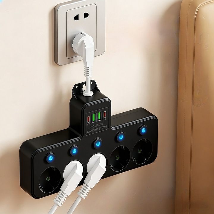 Разклонител 4000W Luoistu, 5 контакта, 2 USB порта, 2 Type-C порта, стенен монтаж