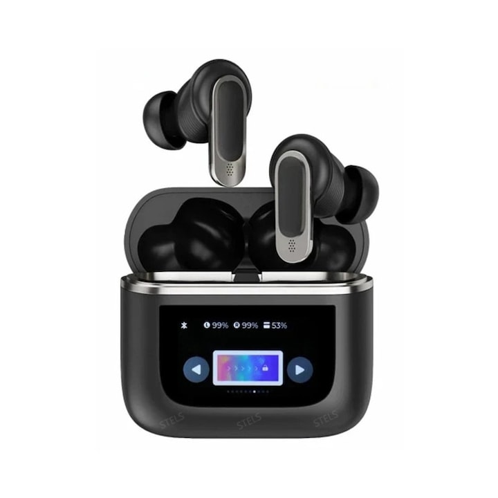 STELS V8 vezeték nélküli fejhallgató Smart LCD érintőképernyős tokkal, aktív zajszűréssel (ANC), Bluetooth 5.3, ENC mikrofon és 32 órás akkumulátor-üzemidő, fekete