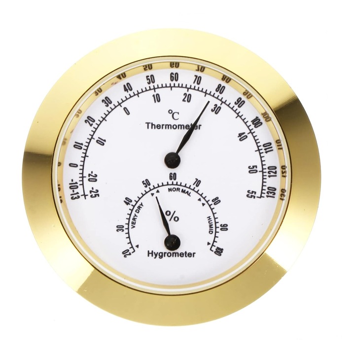 Termometru cu higrometru rotund pentru cutie de trabucuri sau instrumente muzicale, Ø50 mm, Metalic
